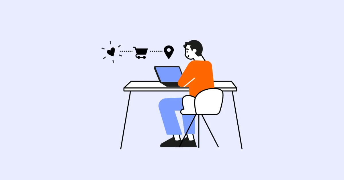 Illustration of a person at a desk with a laptop and heart, cart and location icons
