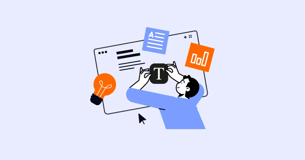 Illustration of a person placing a text block on a web page beside a lightbulb