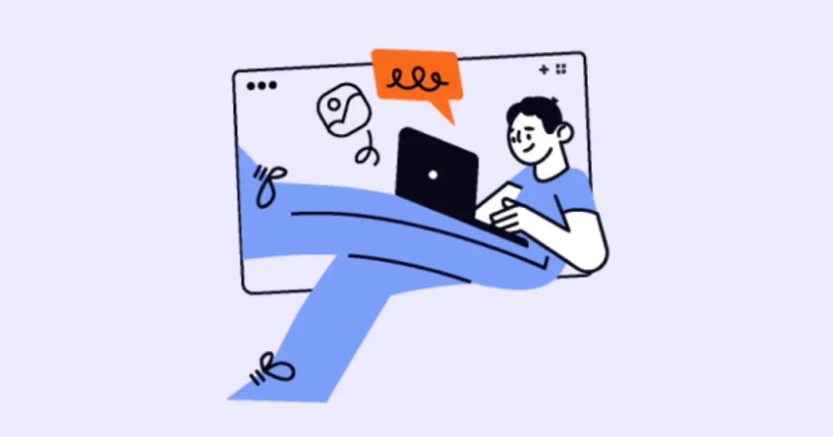 Illustration of a person working on a laptop with feet up inside a browser window