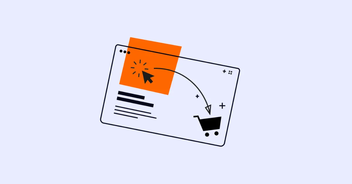 Illustration of a cursor click on a web page leading to a shopping cart