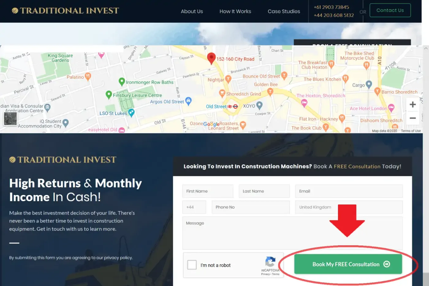 Traditional Invest landing page with a second consultation form and CTA button below the fold