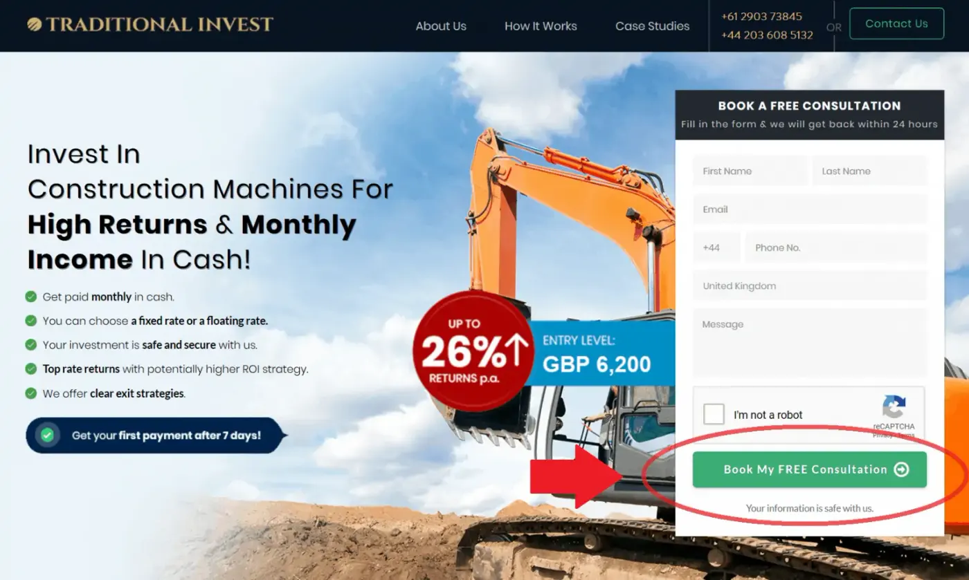 Traditional Invest landing page with the Book My Free Consultation button circled above the fold