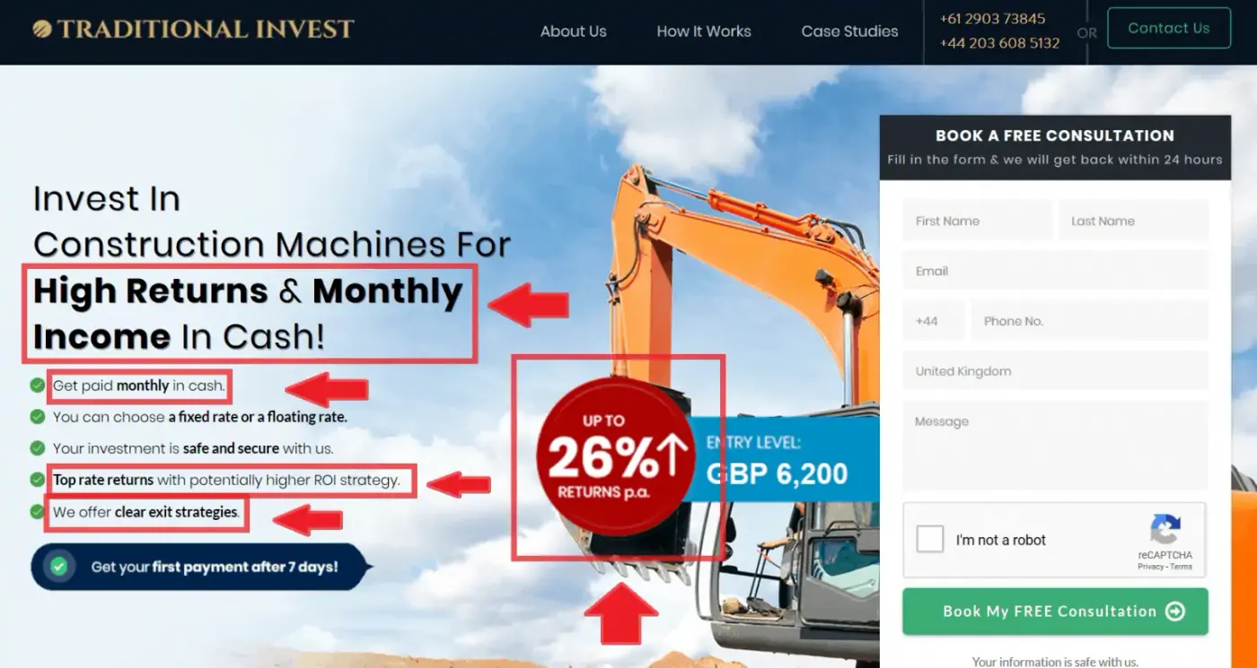 Traditional Invest landing page with the headline benefits and 26% returns badge boxed in red