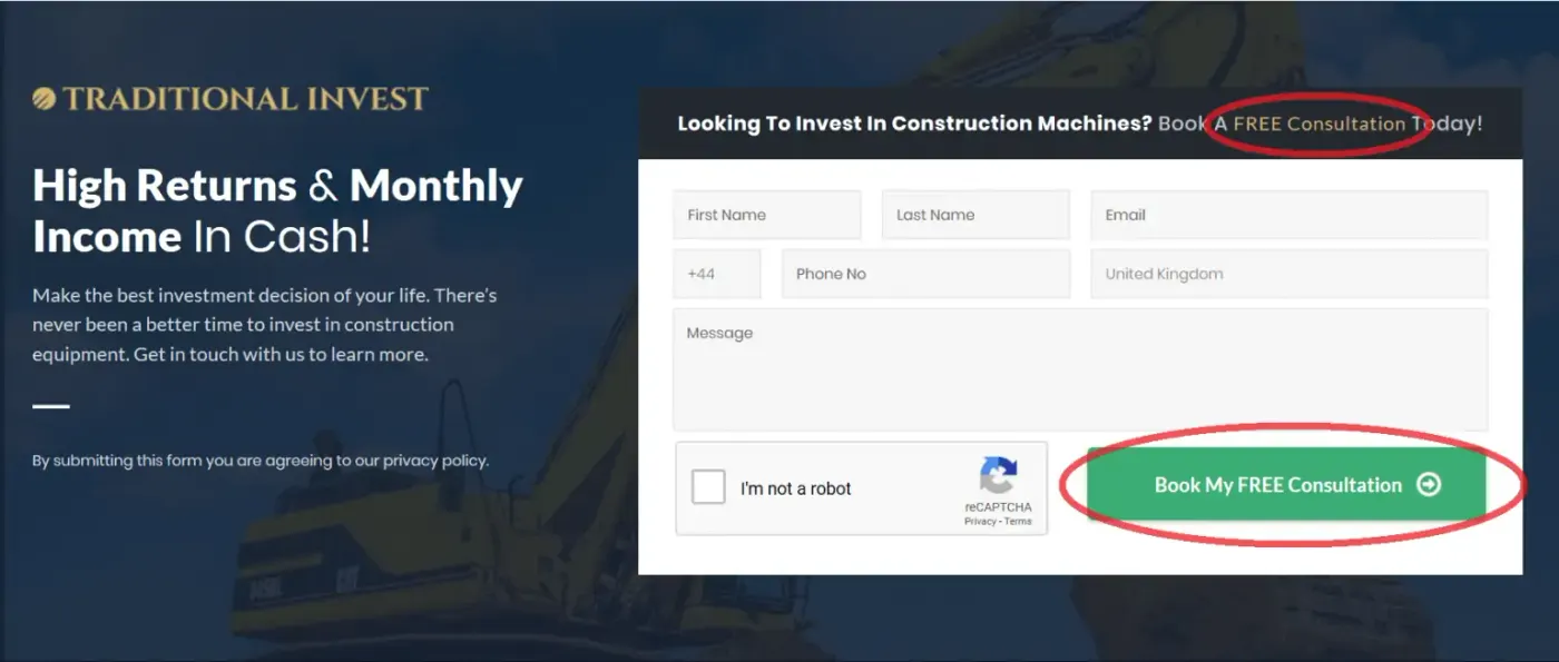 Consultation form with the power word free circled in the headline and the CTA button
