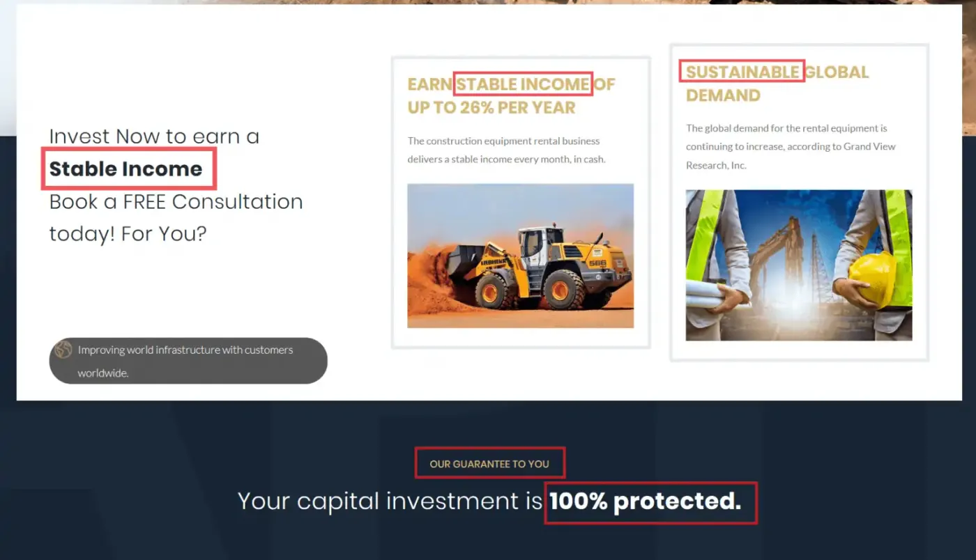 Landing page section with the power words stable income, sustainable and 100% protected highlighted