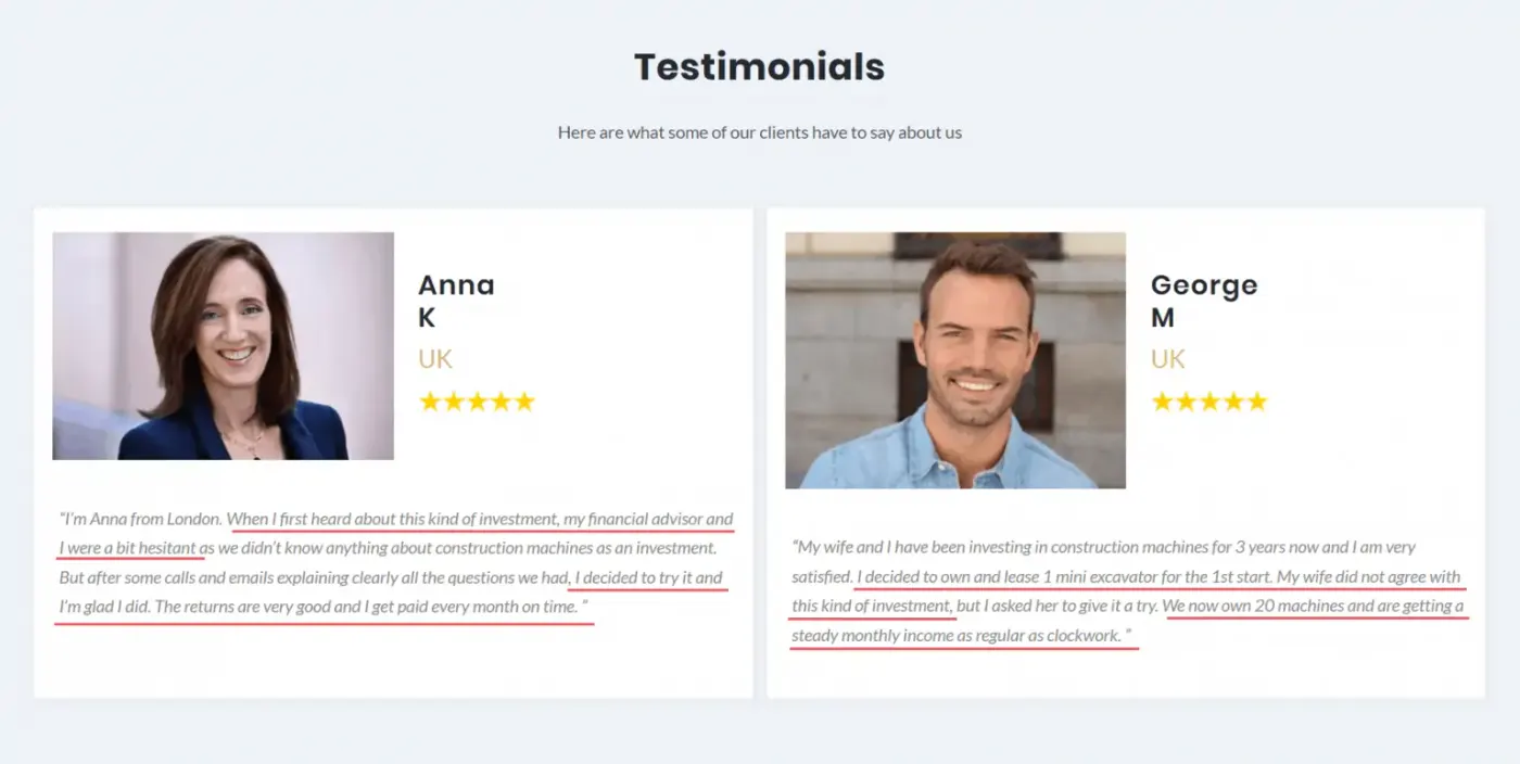 Testimonials section with two five-star client reviews and key phrases underlined in red