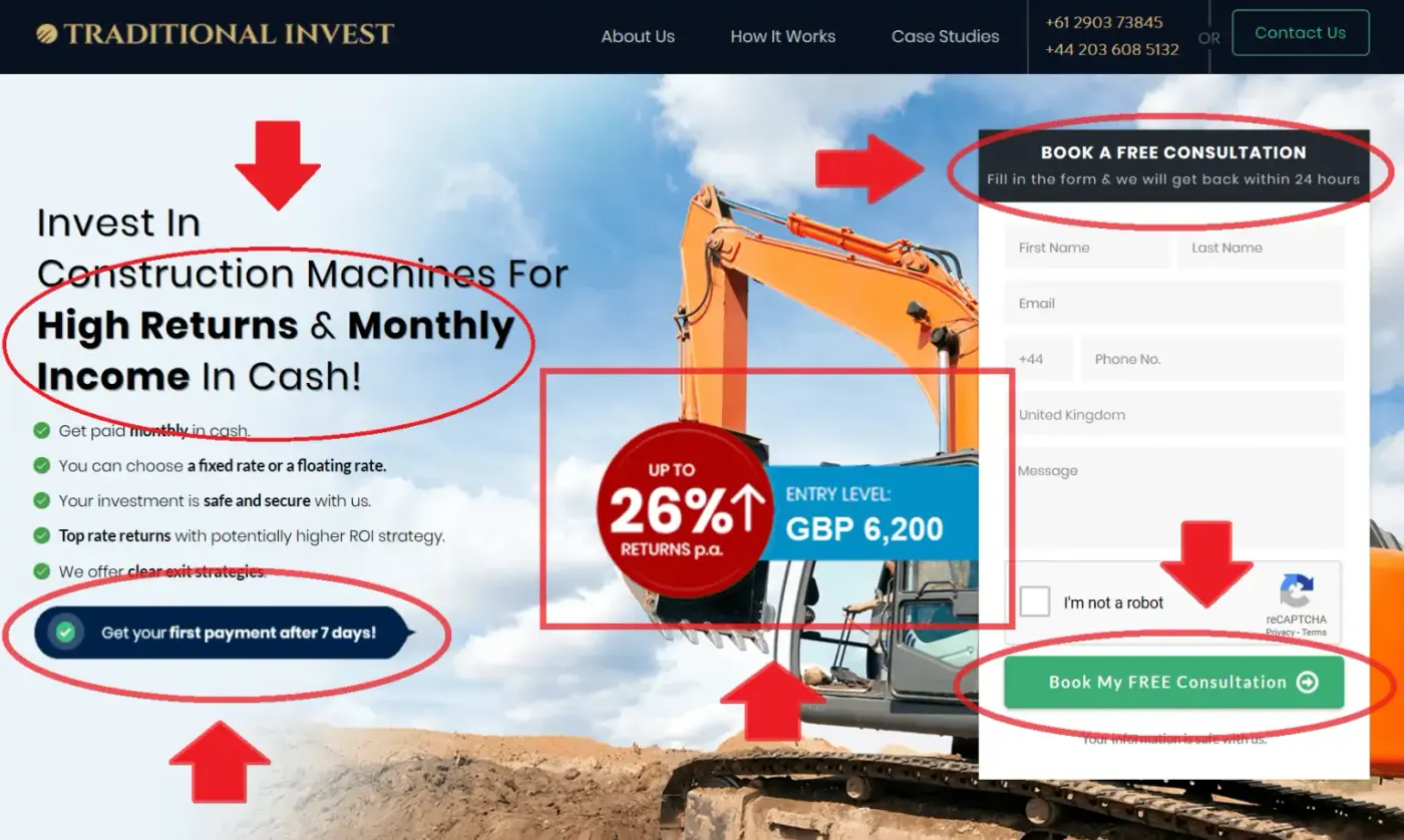 Traditional Invest landing page annotated to show headline, offer badge, form and CTA