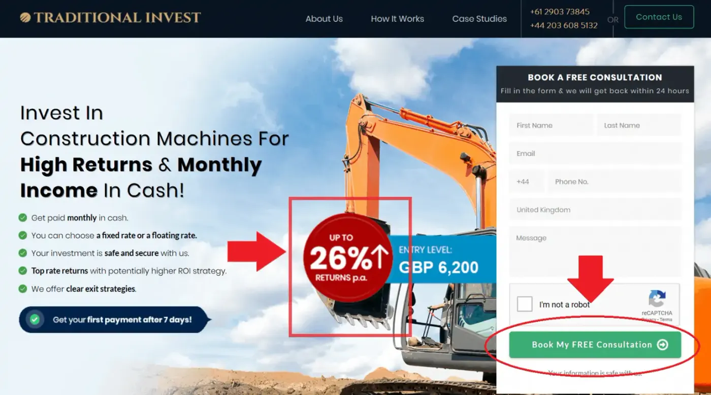 Landing page hero image of an excavator bucket framing the 26% returns badge near the CTA