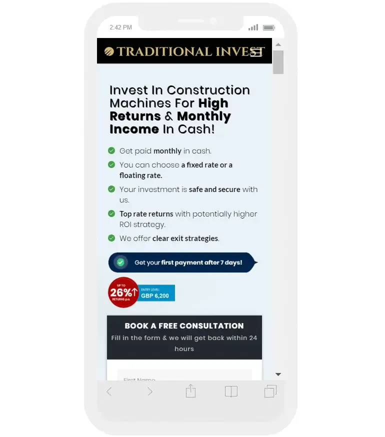 Traditional Invest landing page displayed on a mobile phone screen